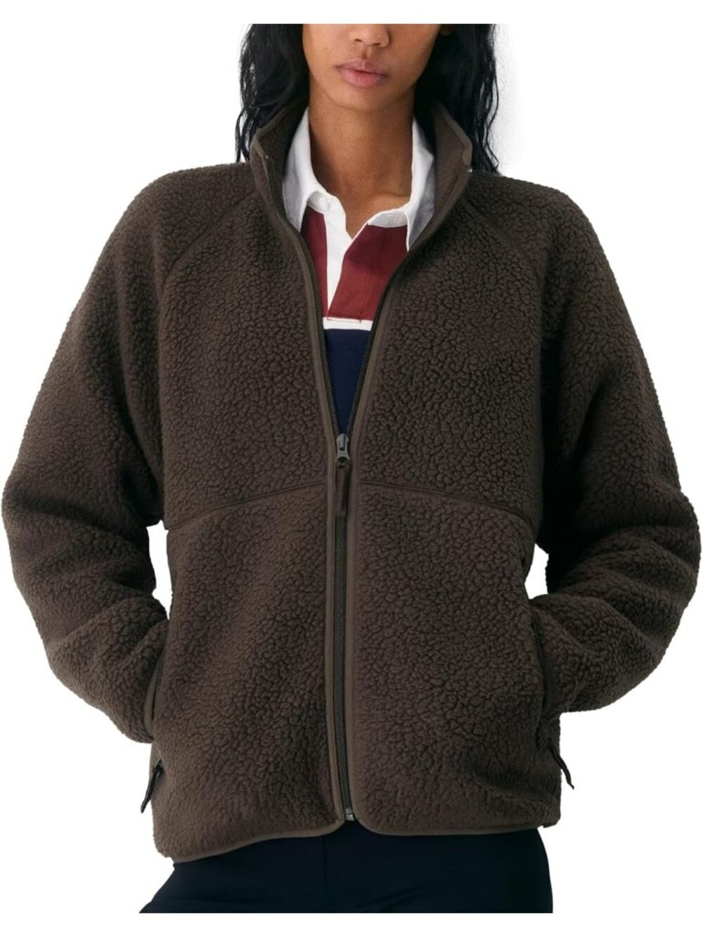 Women's Brown Fuzzy Fleece Jacket Full Zip Fall Winter Sherpa Warm Coats